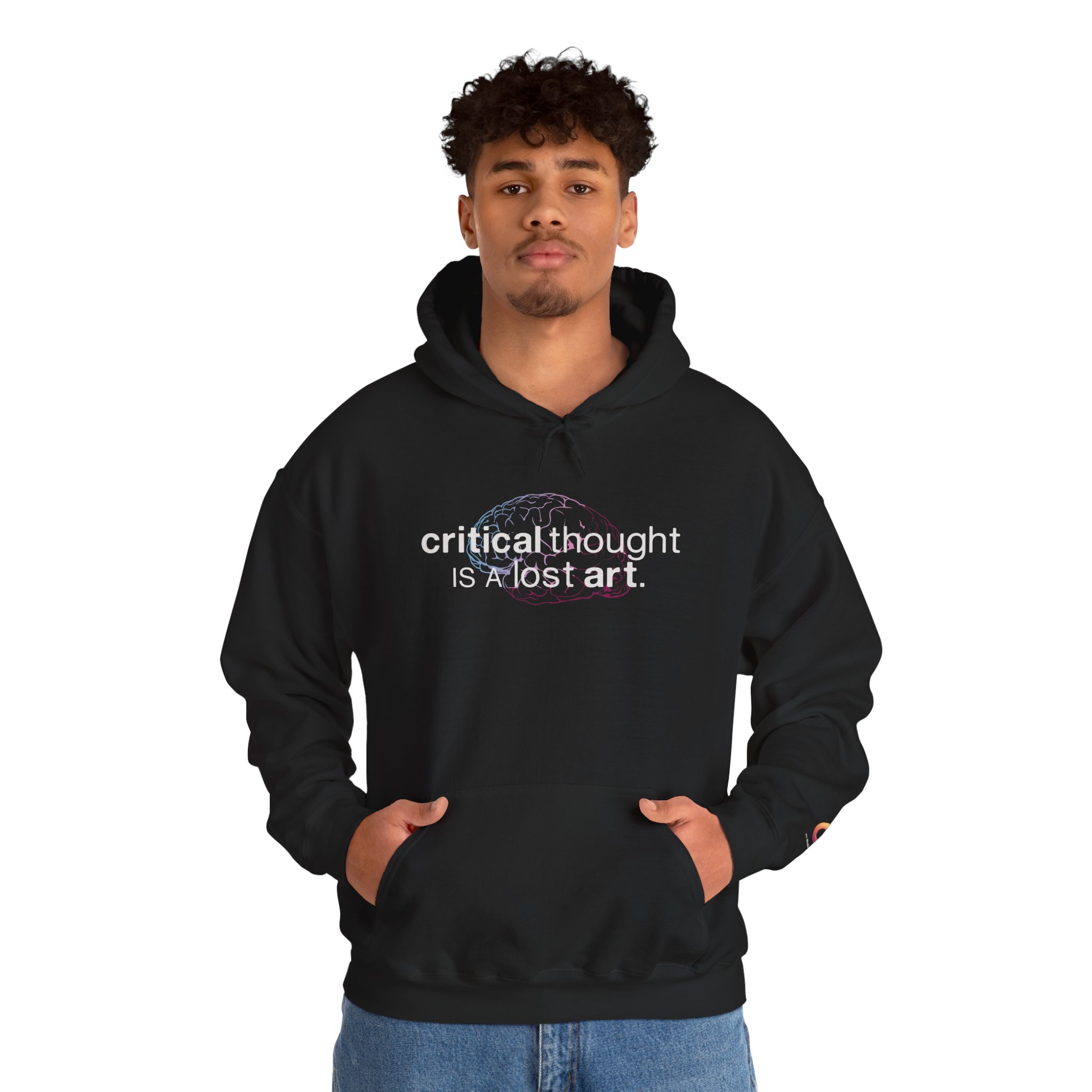 young man wearing black hoodie that says "Critical thought is a lost art."