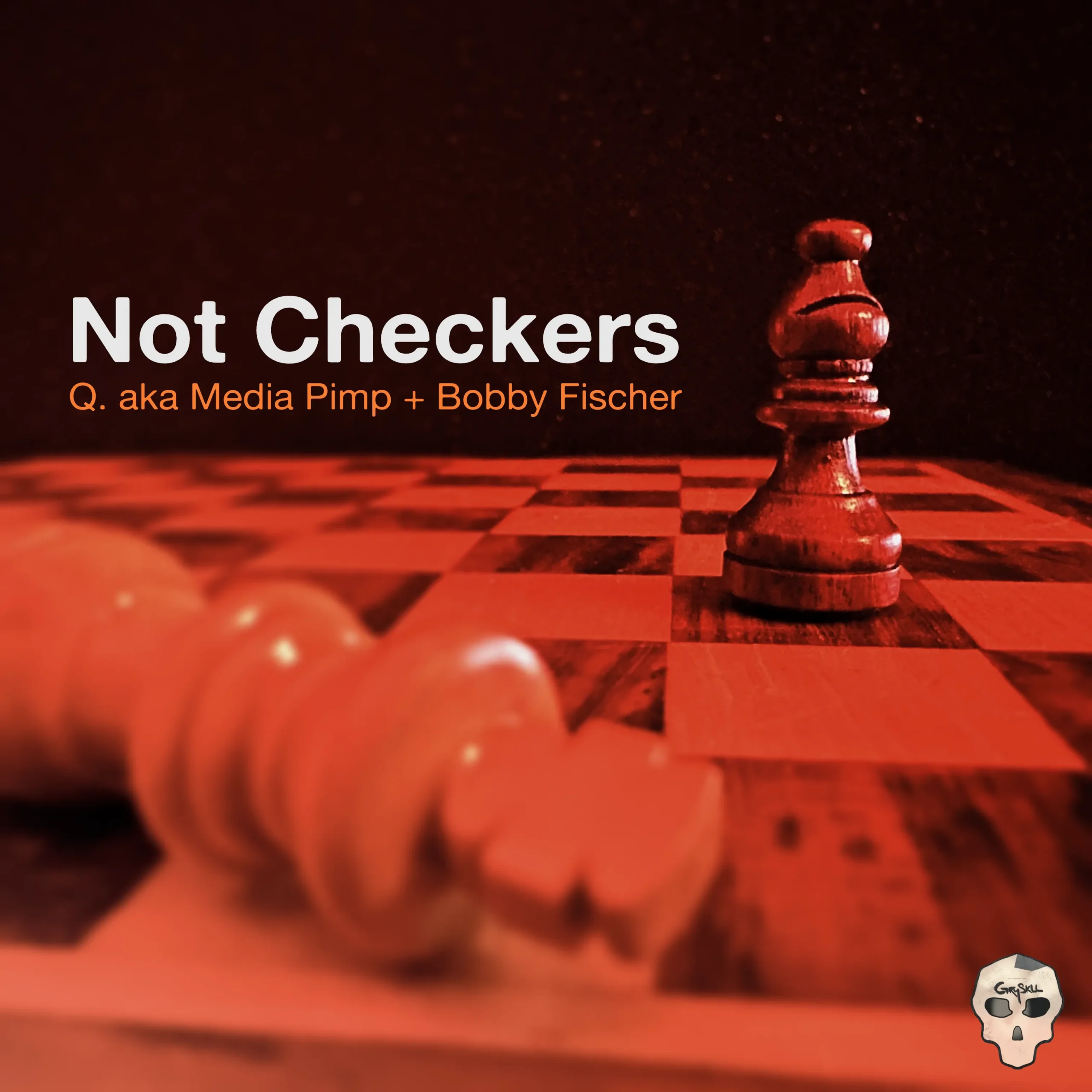 Cover art for the EP – "Not Checkers." Two chess pieces – a black bishop, standing while a white king that has been knocked over. The pieces are wooden, with an orange tint.