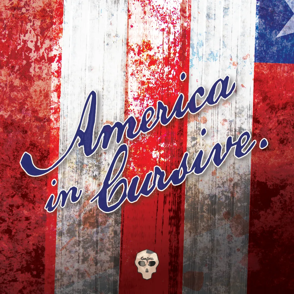 Image showing a small piece of what appears to be a weathered American flag, with the words "America in Cursive" written across it.