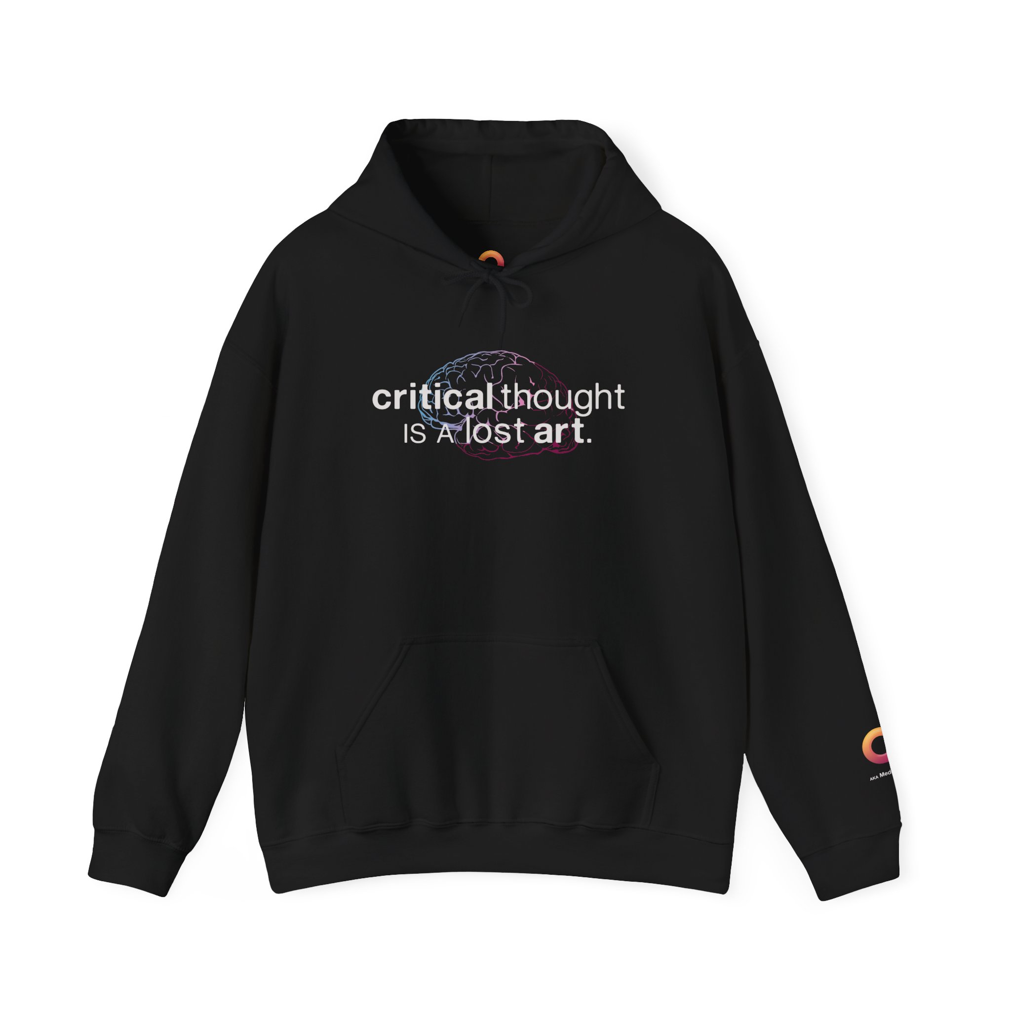 black hoodie that says "critical thought is a lost art."