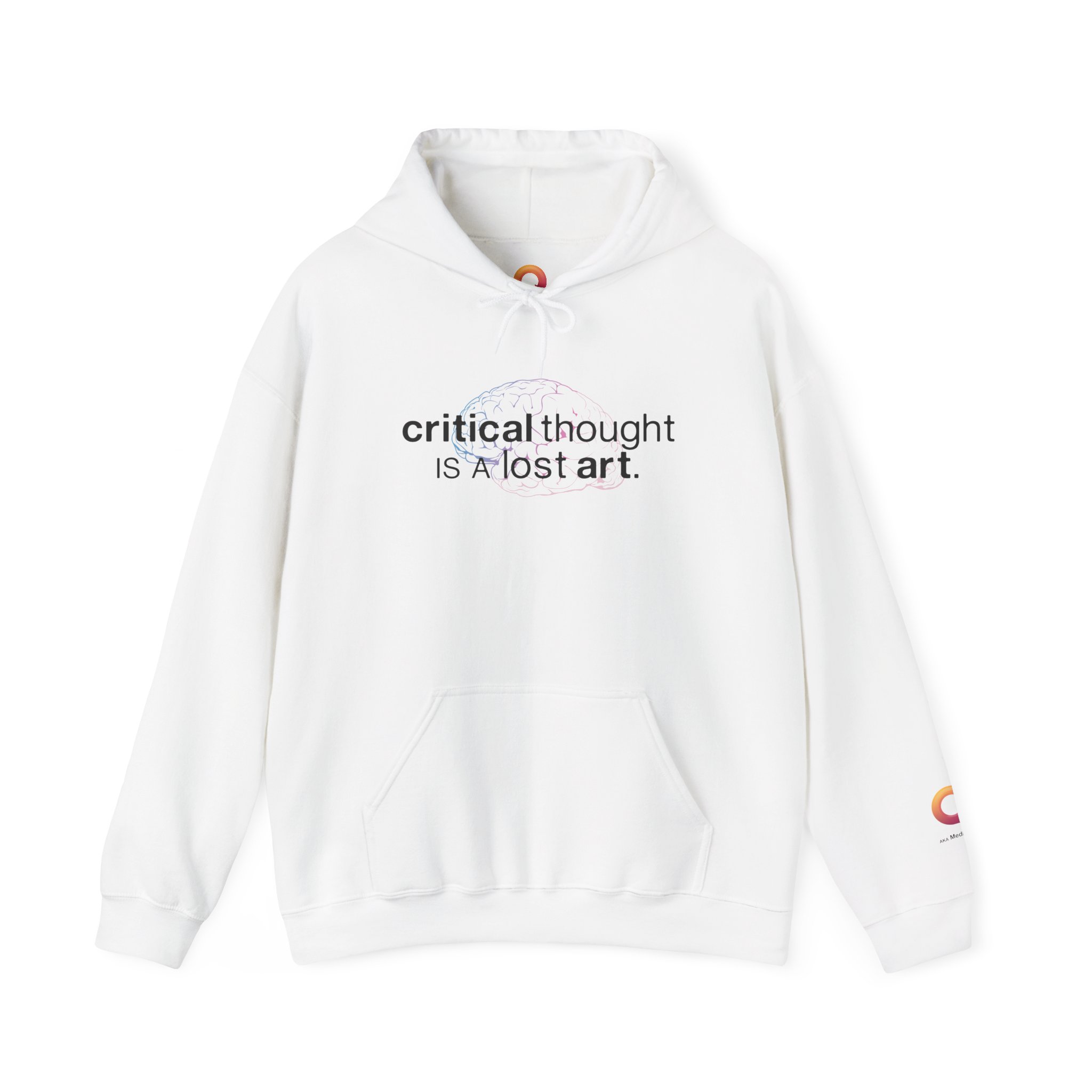 white hoodie that says "critical thought is a lost art."