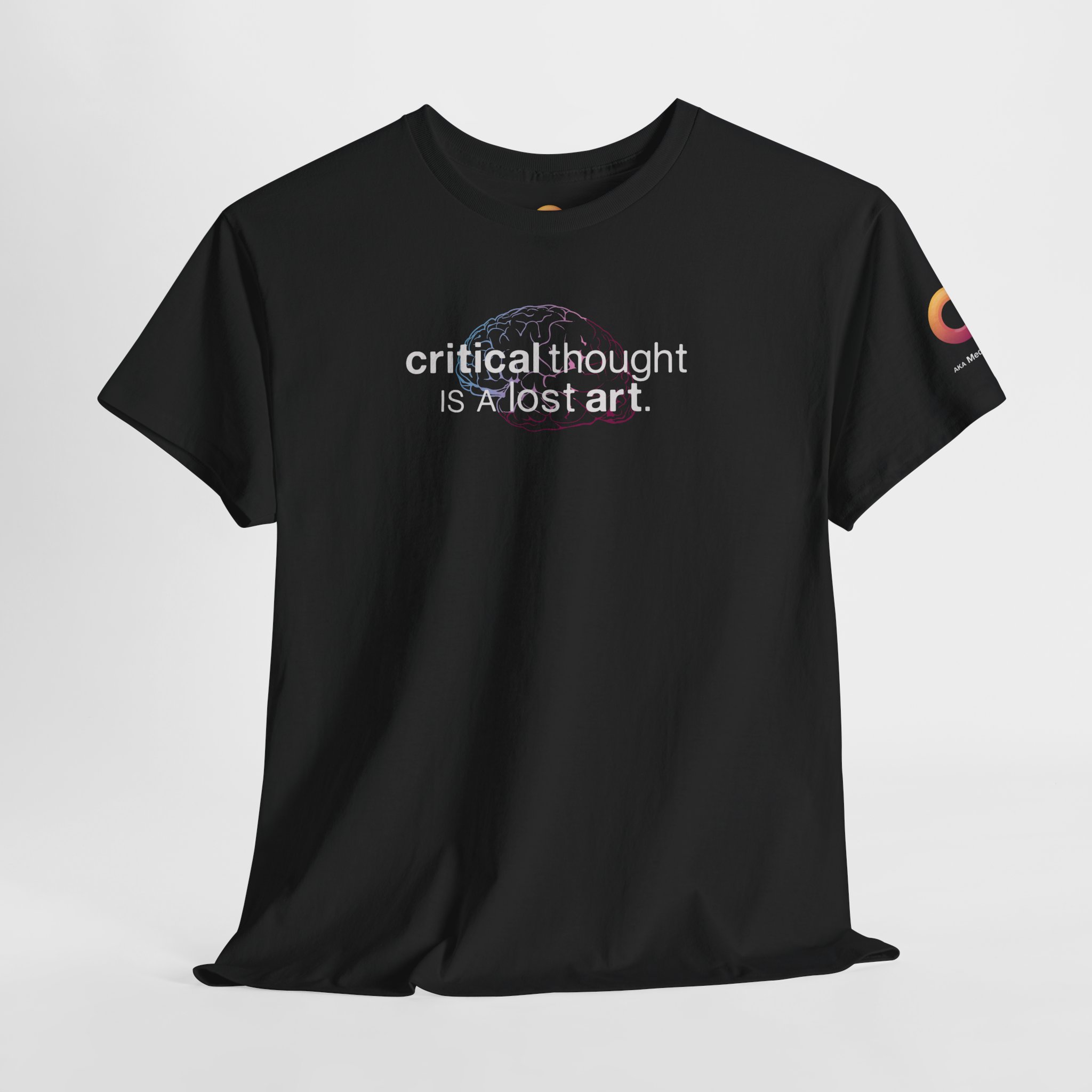 black t-shirt that says "critical thought is a lost art."