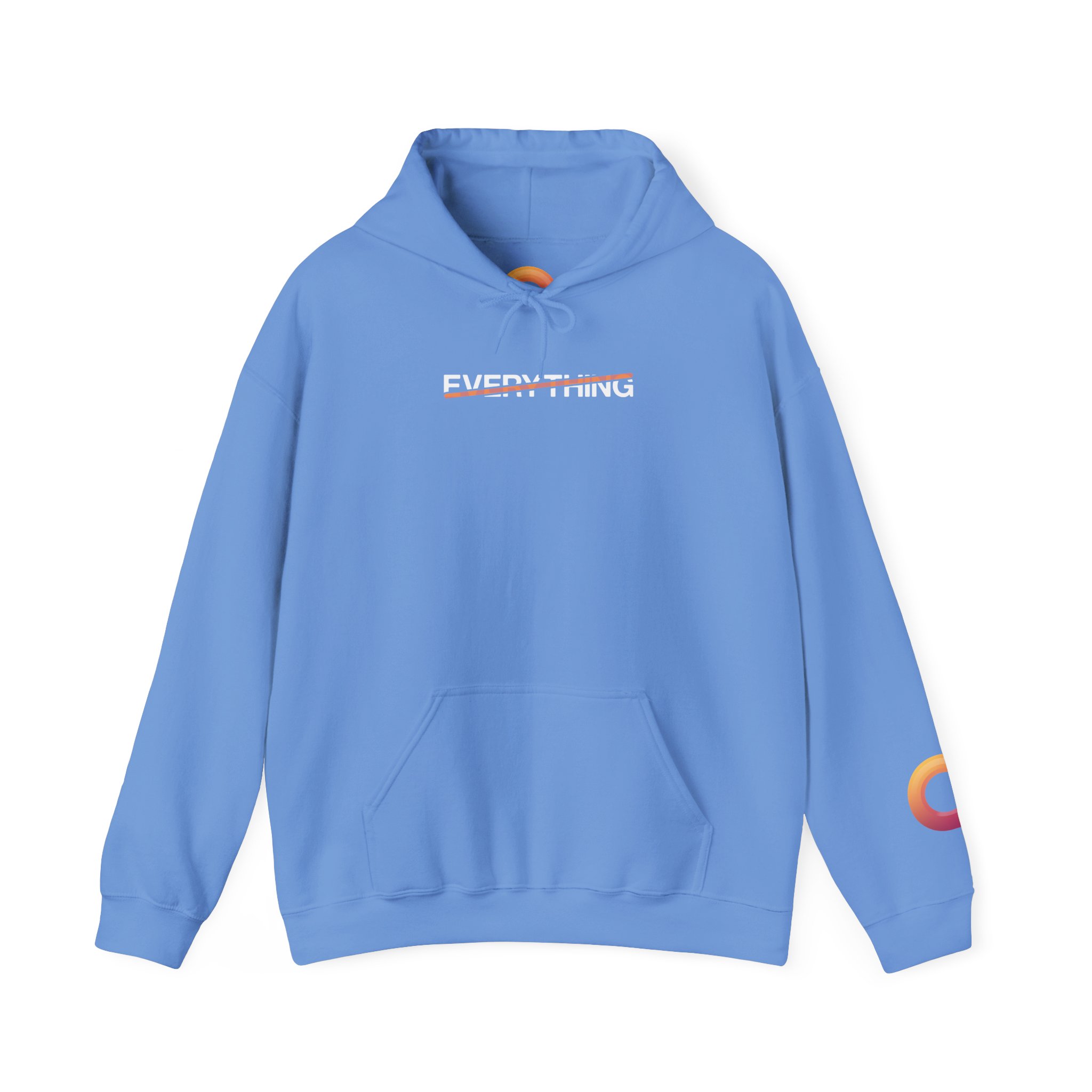 carolina blue hoodie that says "everything," with an orange stripe crossing it out.
