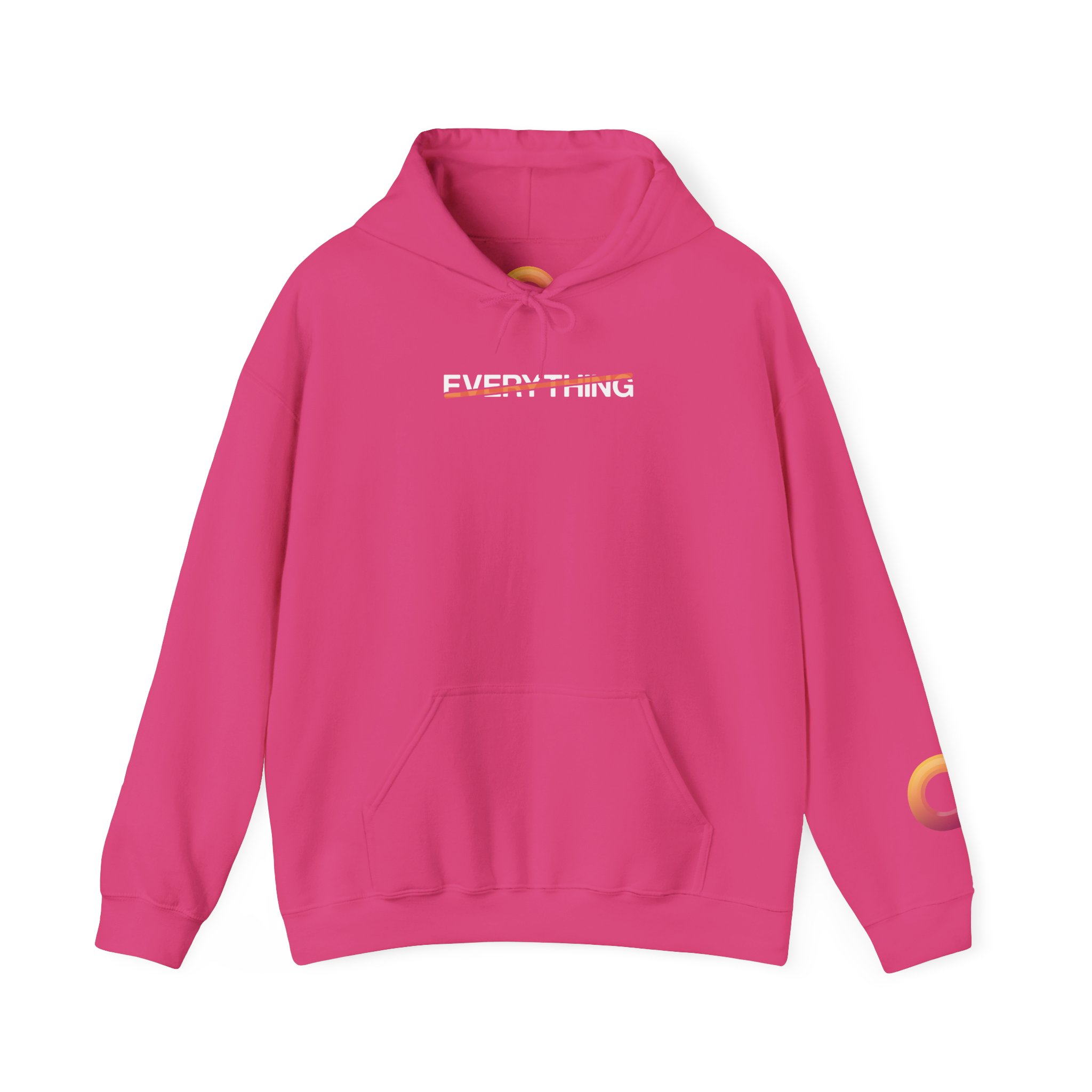 heliconia hoodie that says "everything," with an orange stripe crossing it out.