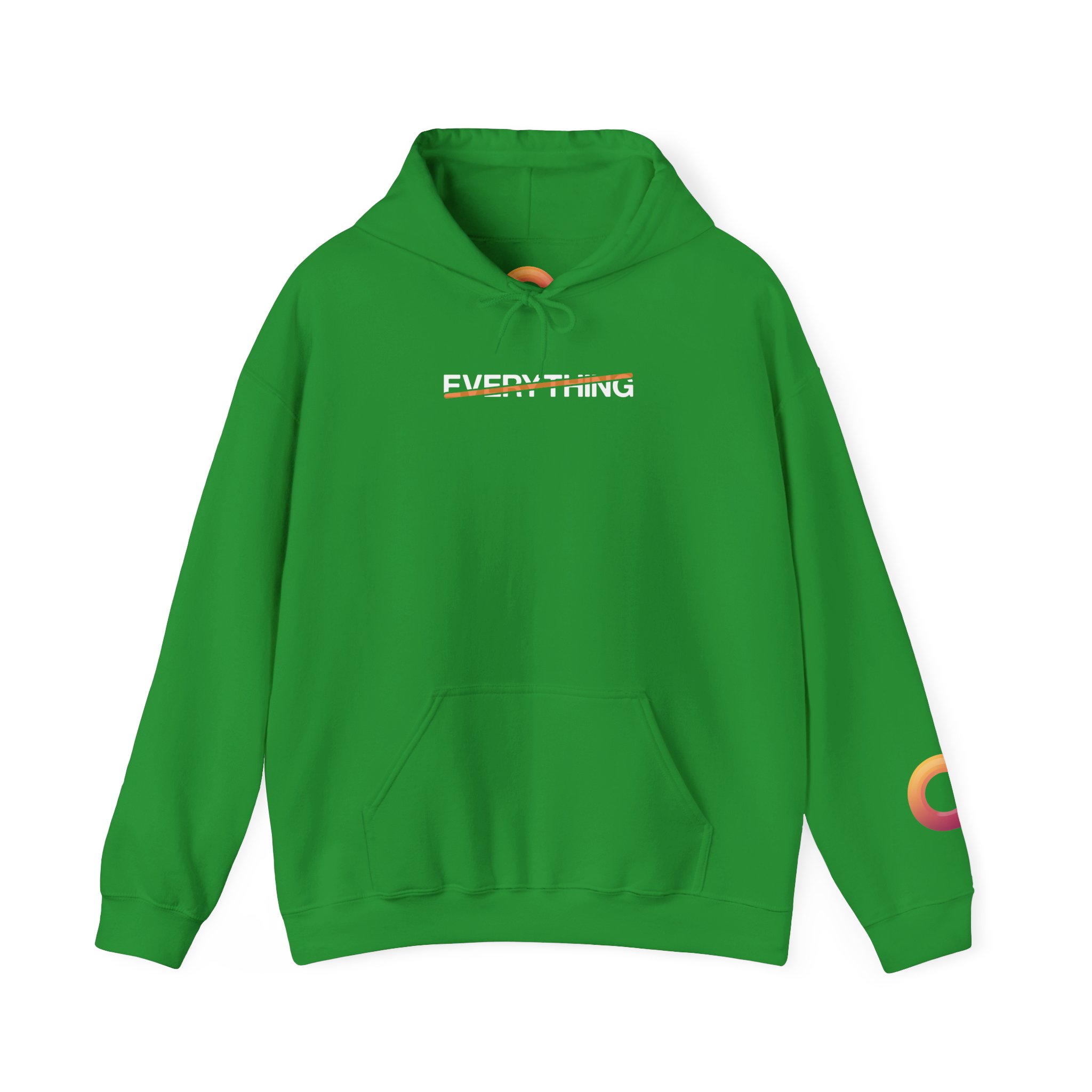 Irish green hoodie that says "everything," with an orange stripe crossing it out.