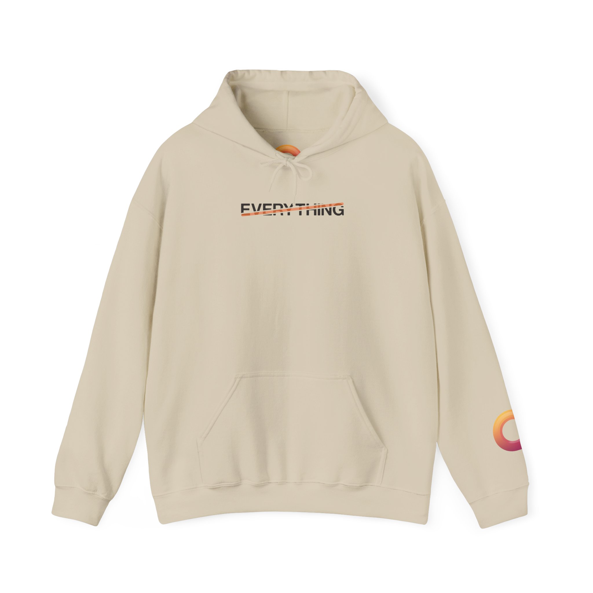 sand hoodie that says "everything," with an orange stripe crossing it out.